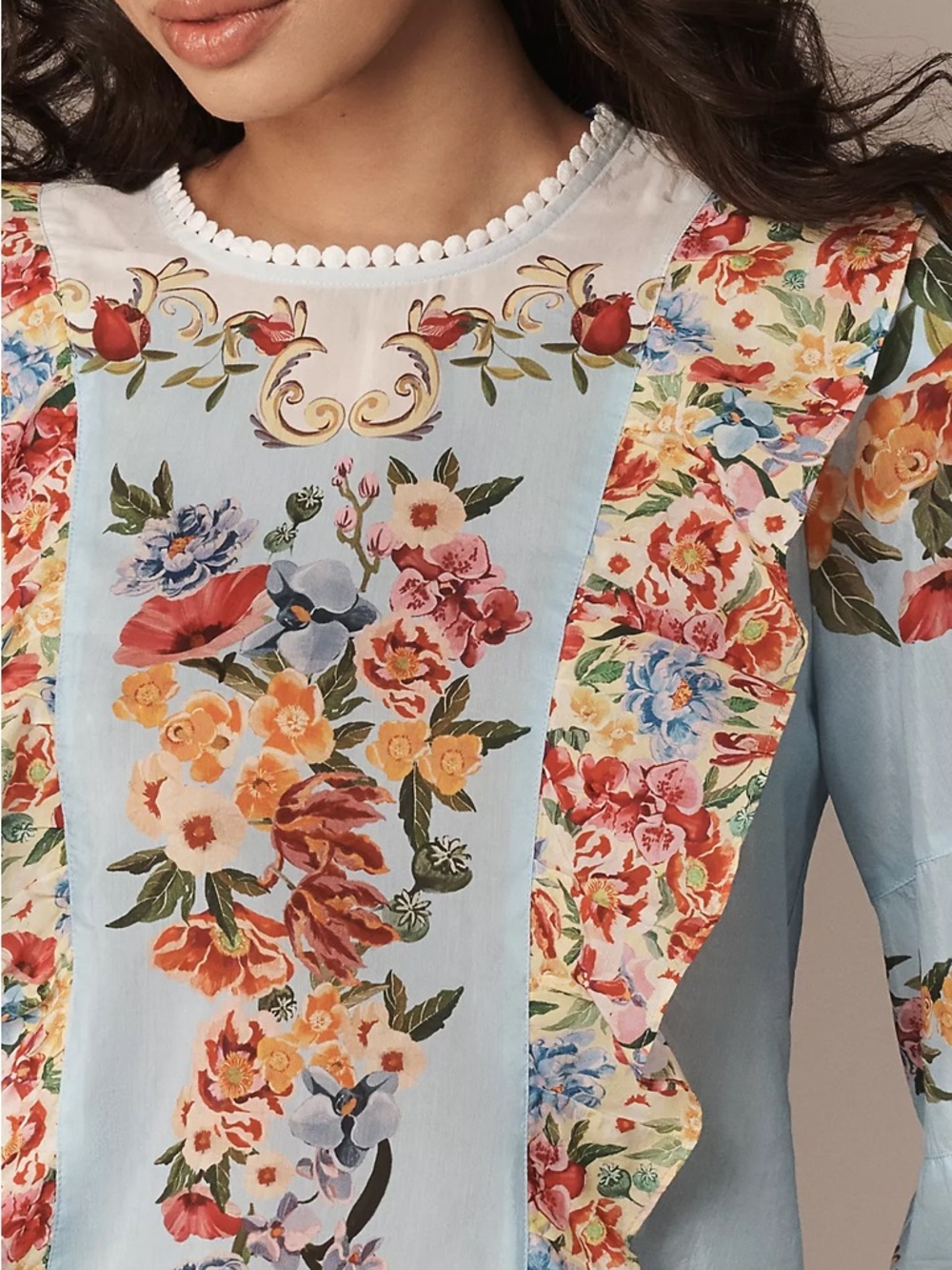 FARM Rio x Anthropologie Blue Floral Printed Lace Trimmed Blouse Size XS NWT - Picture 4 of 7